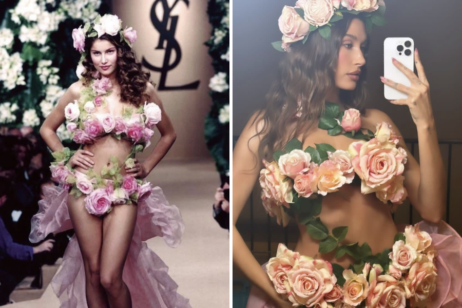 &quot;Nàng thơ Saint Laurent&quot; Hailey Bieber làm sống lại sàn diễn Haute Couture 1999 của nhà mốt Yves Saint Laurent trong thiết kế váy cưới hoa hồng.