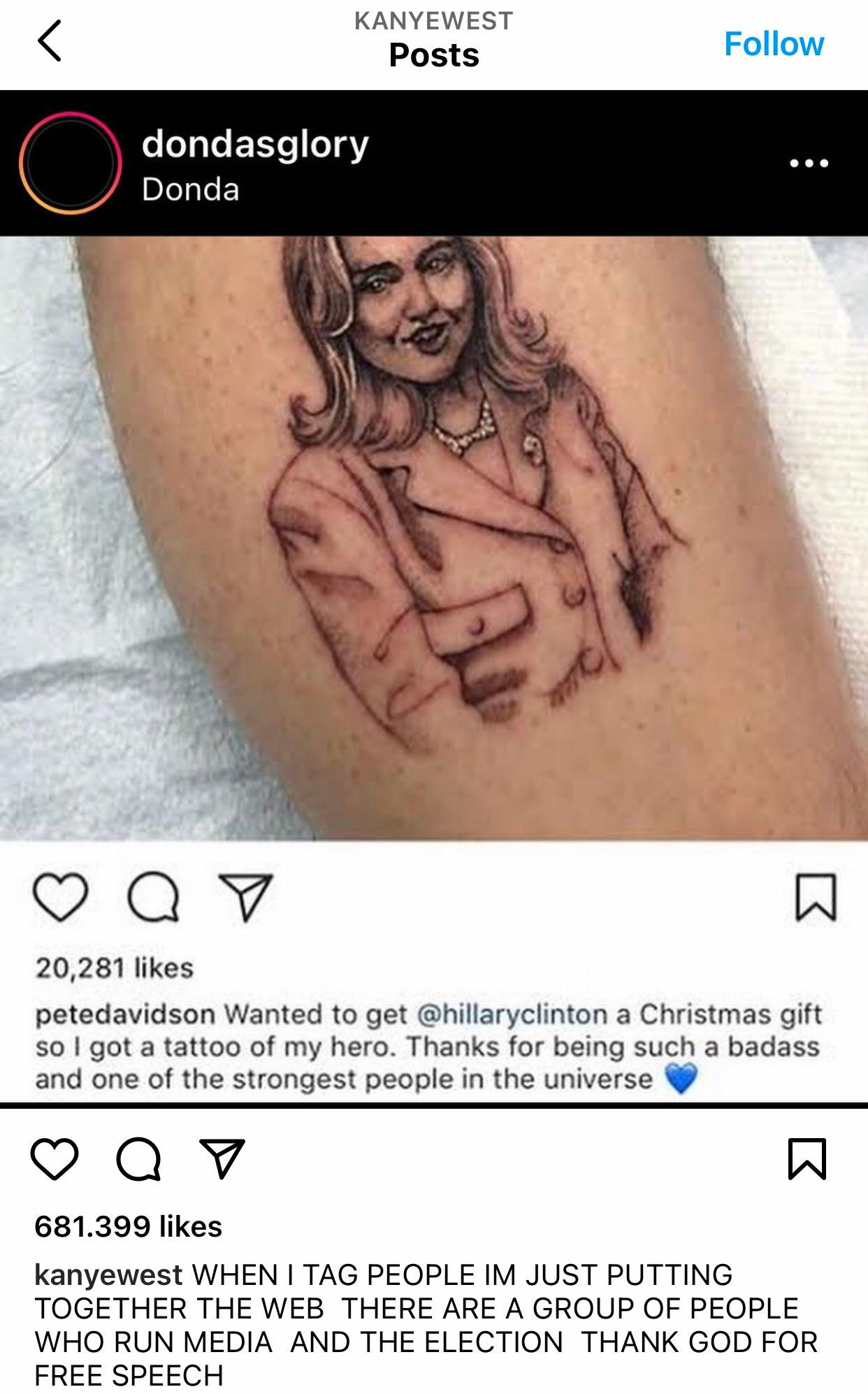 Ye đăng tải ảnh hình xăm bà Hillary Clinton của Pete Davidson, cho rằng anh này là người yêu cũ của nữ chính trị gia.