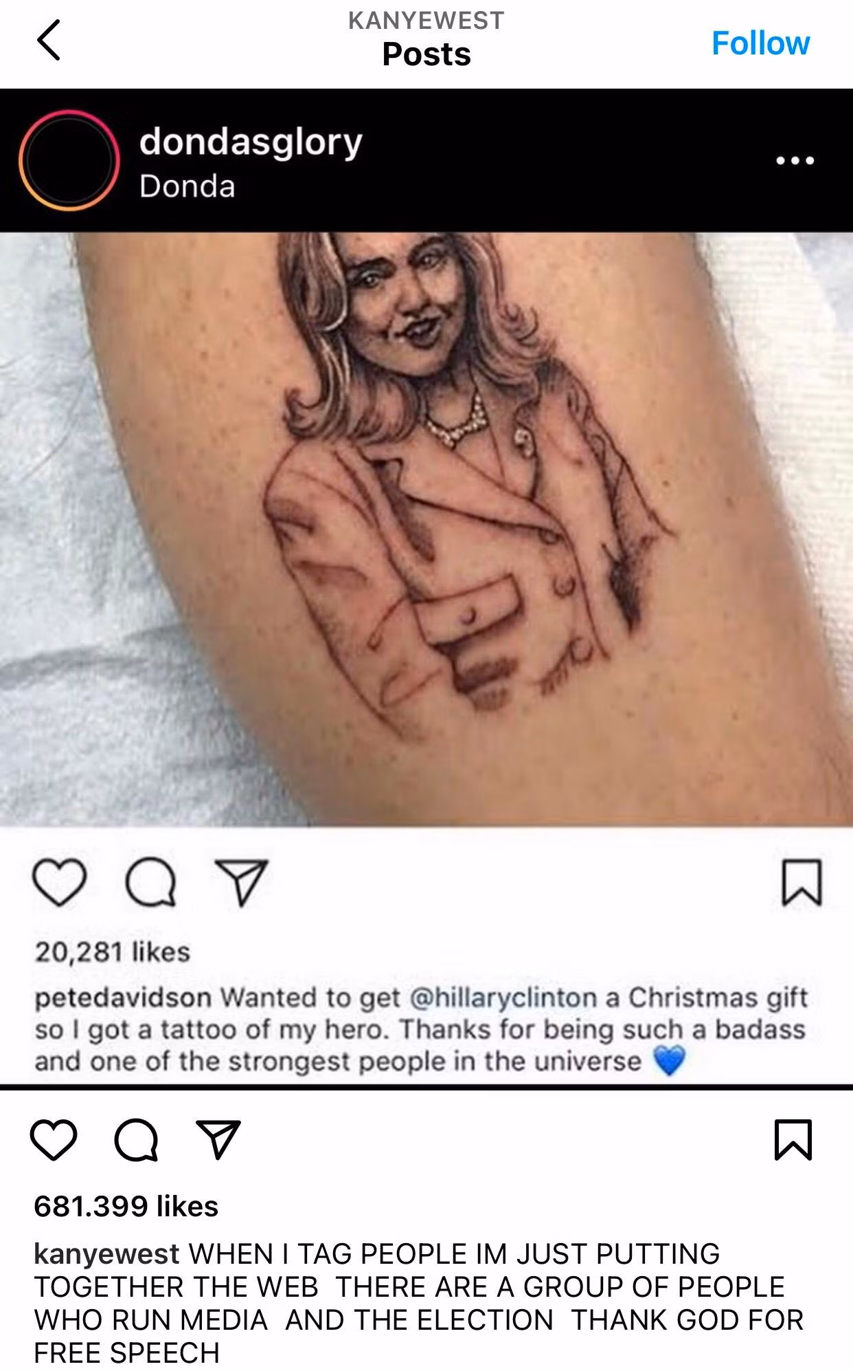 Ye đăng tải ảnh hình xăm bà Hillary Clinton của Pete Davidson, cho rằng anh này là người yêu cũ của nữ chính trị gia.