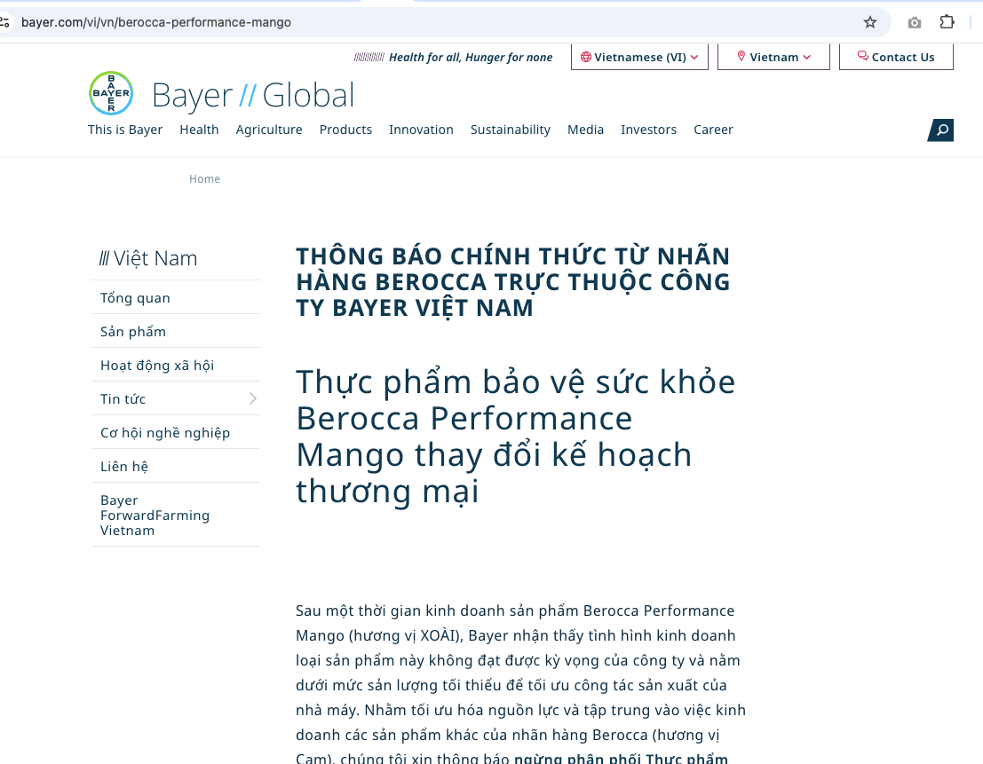 Thông tin được đăng tải trên website chính thức của Bayer Việt Nam