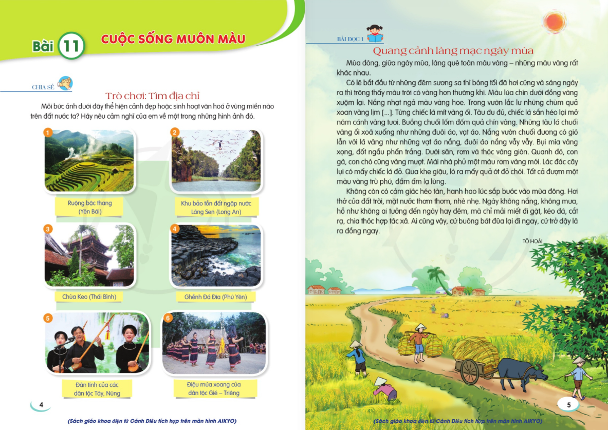 Sách giáo khoa Cánh Diều môn Tiếng Việt đưa các nội dung gần gũi như làng quê, văn hóa dân tộc giúp học sinh hình thành tình yêu đất nước và bồi đắp vốn sống. Ảnh: Website NXB Đại học Sư phạm Thành phố Hồ Chí Minh. Sách giáo khoa Cánh Diều môn Tiếng Việt đưa các nội dung gần gũi như làng quê, văn hóa dân tộc giúp học sinh hình thành tình yêu đất nước và bồi đắp vốn sống. Ảnh: Website NXB Đại học Sư phạm Thành phố Hồ Chí Minh.