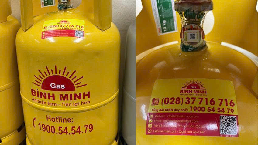 Gas Bình Minh chính hiệu với tem và thông tin hotline.