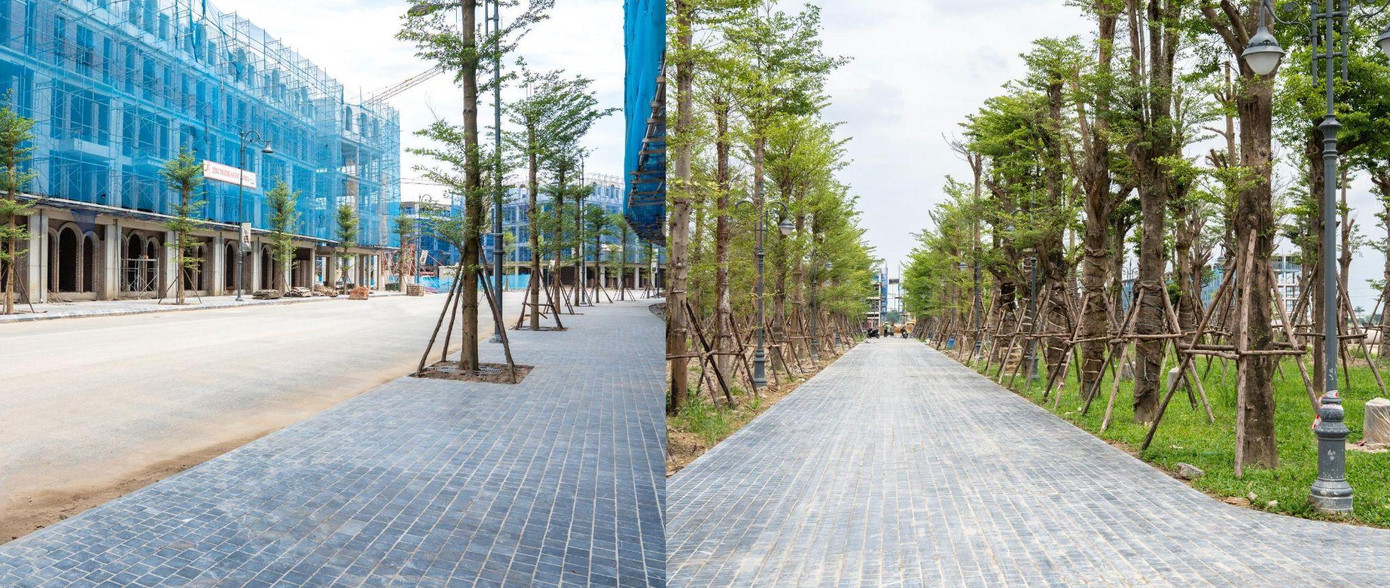 Hạ tầng nội khu và vỉa hè đang được hoàn thiện với cây xanh, hệ thống chiếu sáng và vật liệu đá lát được tuyển chọn kỹ lưỡng, có khả năng chống trơn trượt, chịu lực tốt, độ bền lên tới hàng trăm năm – tương đương tiêu chuẩn xây dựng tại các đô thị châu Âu.