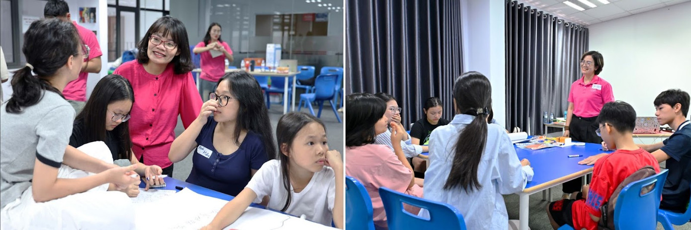 Giảng viên Trần Hồng Điệp (ảnh trái) và Nguyễn Thị Chính (ảnh phải) trong khóa tập huấn của dự án Cánh buồm đỏ thắm