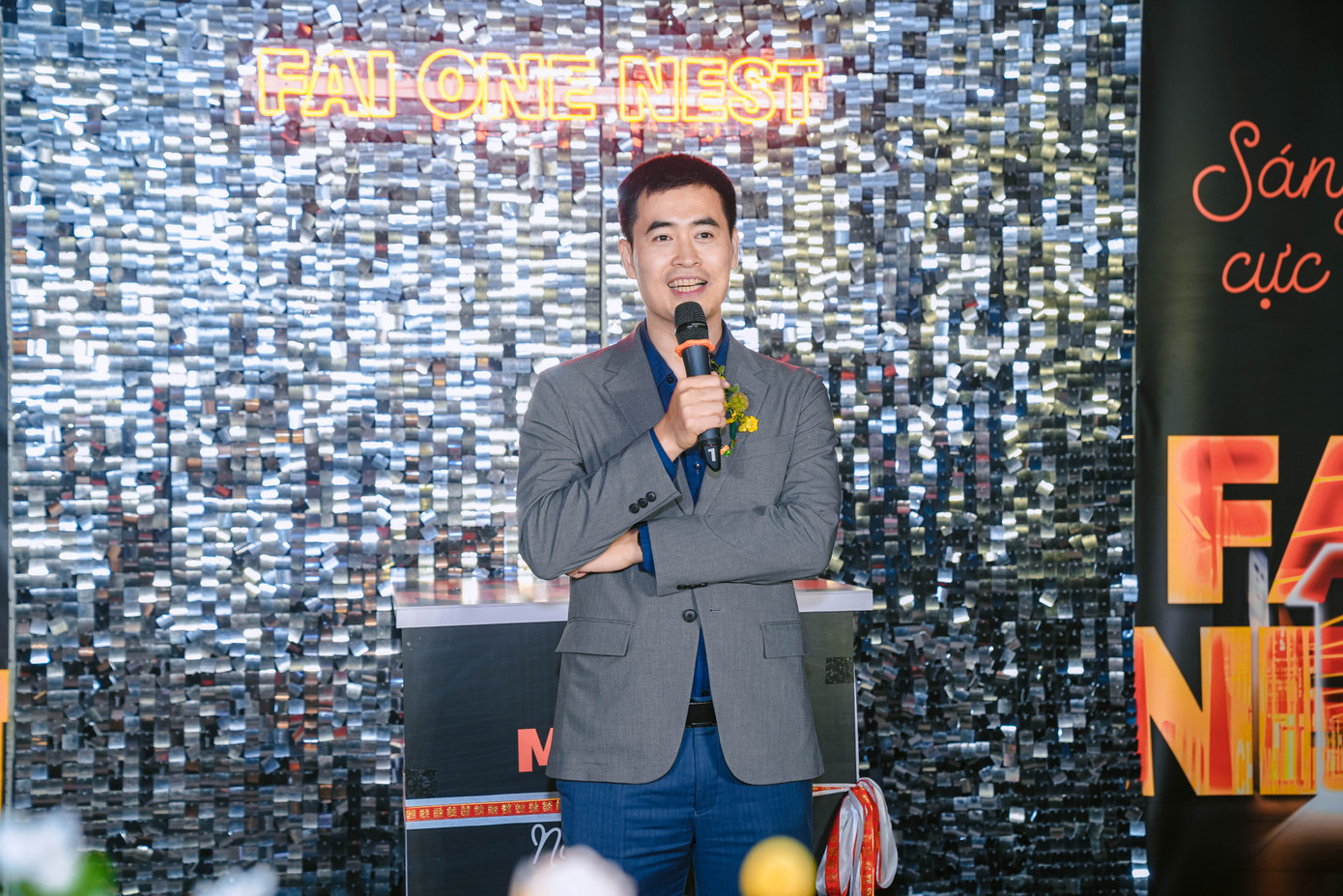 Thầy Vũ Chí Thành phát biểu tại lễ khai trương cơ sở mới của FPT Arena Multimedia