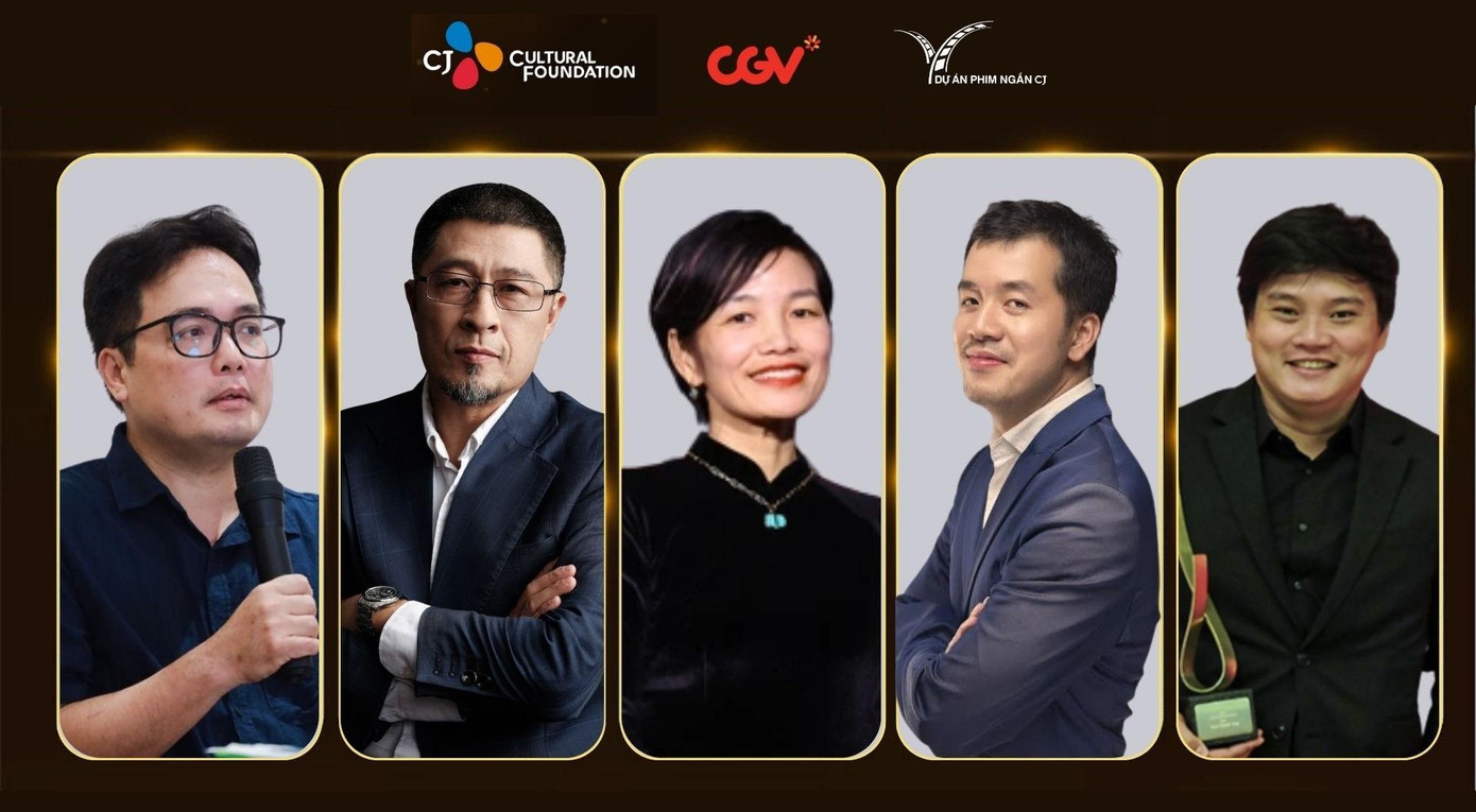 Hội đồng thẩm định Dự án phim ngắn CJ 2025 (từ trái sang): Đạo diễn Phan Đăng Di, đạo diễn Charlie Nguyễn, nhà sản xuất Trần Thị Bích Ngọc, đạo diễn Trịnh Đình Lê Minh, đạo diễn Trần Thanh Huy.