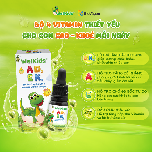 TPBVSK WelKids ADEK kết hợp D3K2 cùng Vitamin A, E cho con Cao - Khỏe mỗi ngày