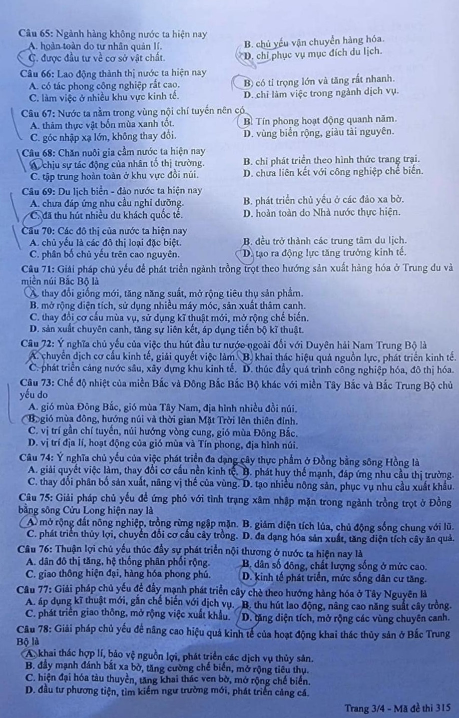 Đề thi tốt nghiệp THPT Quốc gia 2024 môn Địa lí mã đề 315. Đề thi tốt nghiệp THPT Quốc gia 2024 môn Địa lí mã đề 315.