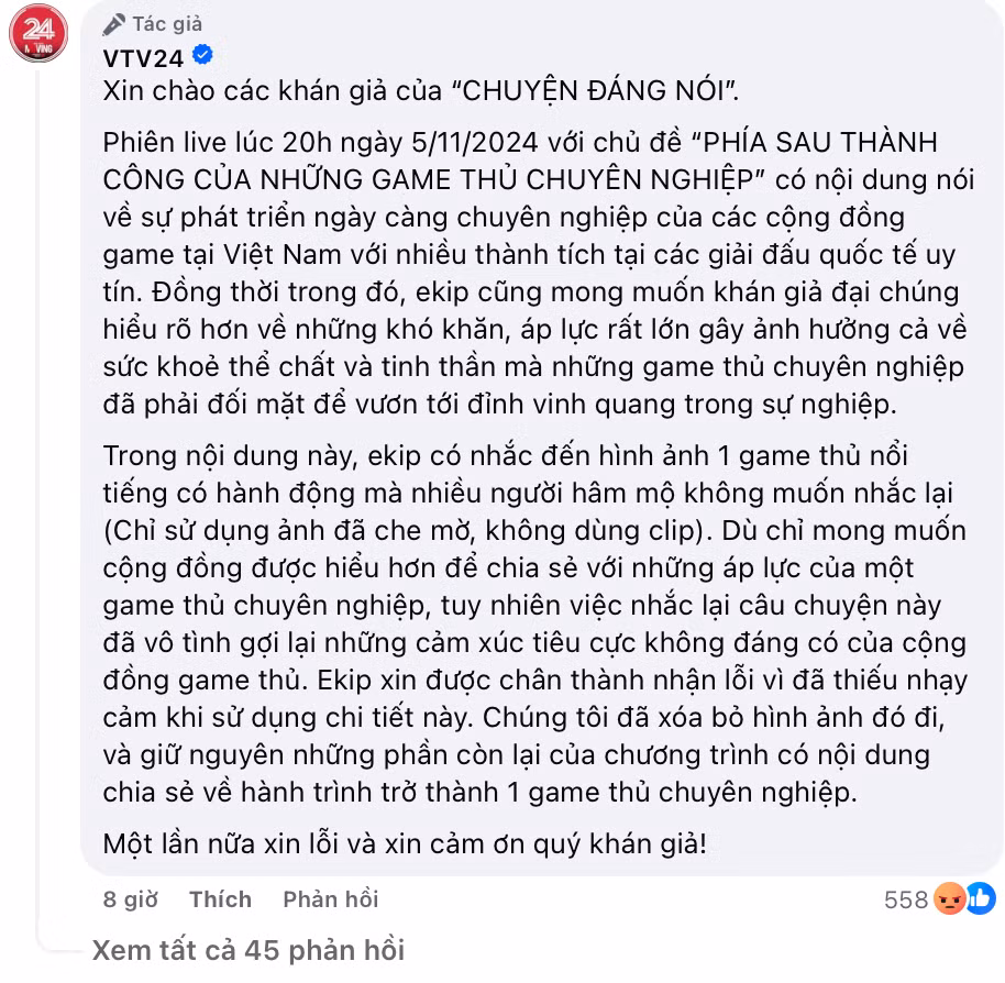 VTV24 lên tiếng xin lỗi.