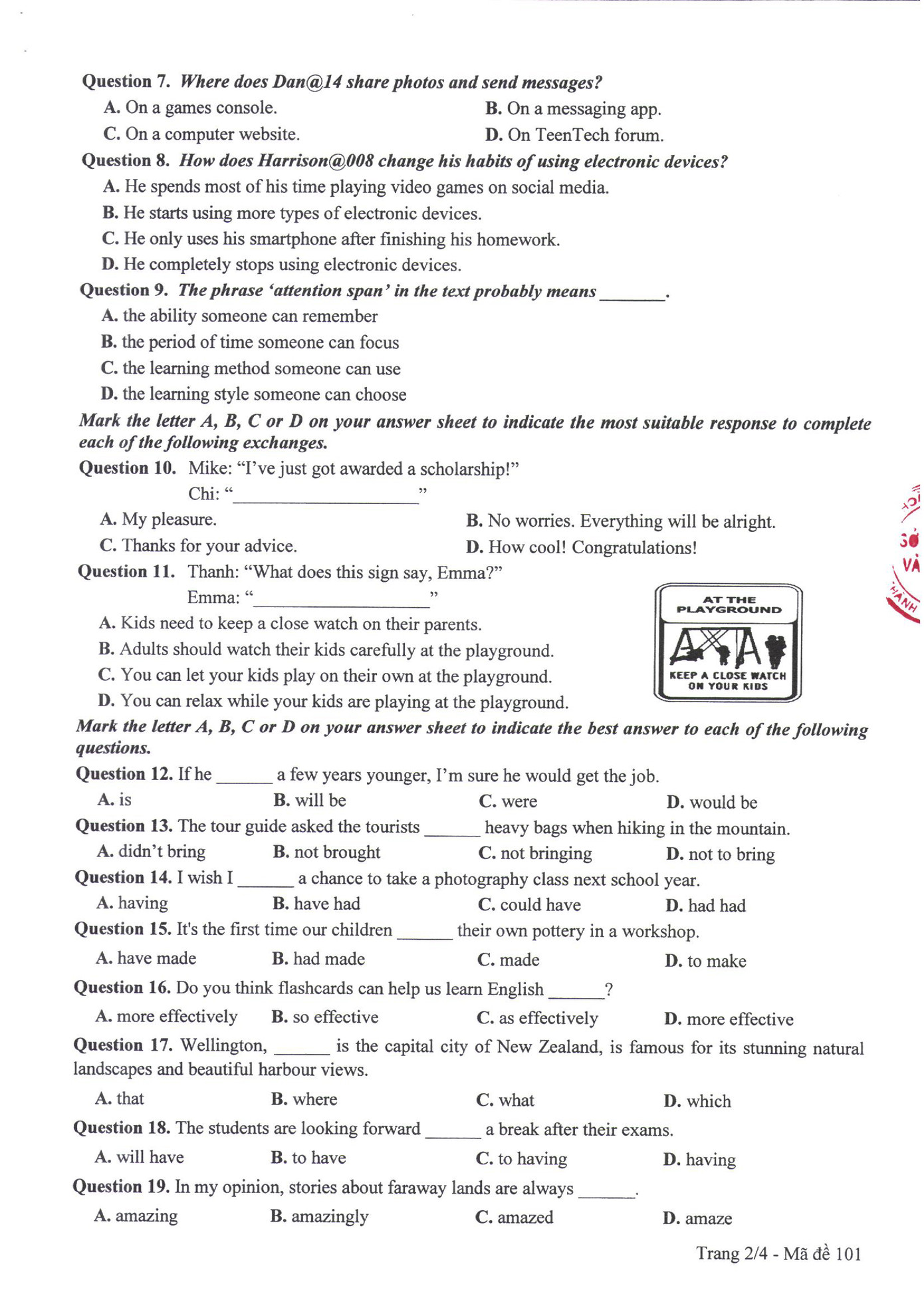 Đề thi môn tiếng Anh mã đề 101.