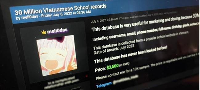 Hacker rao bán "dữ liệu trường học của 30 triệu người Việt". Hacker rao bán "dữ liệu trường học của 30 triệu người Việt".