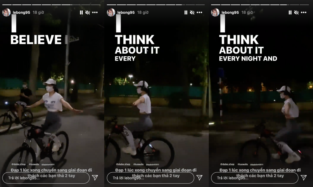 Lê Bống đạp xe giữa phố vẫn thả hai tay. Lê Bống đạp xe giữa phố vẫn thả hai tay.