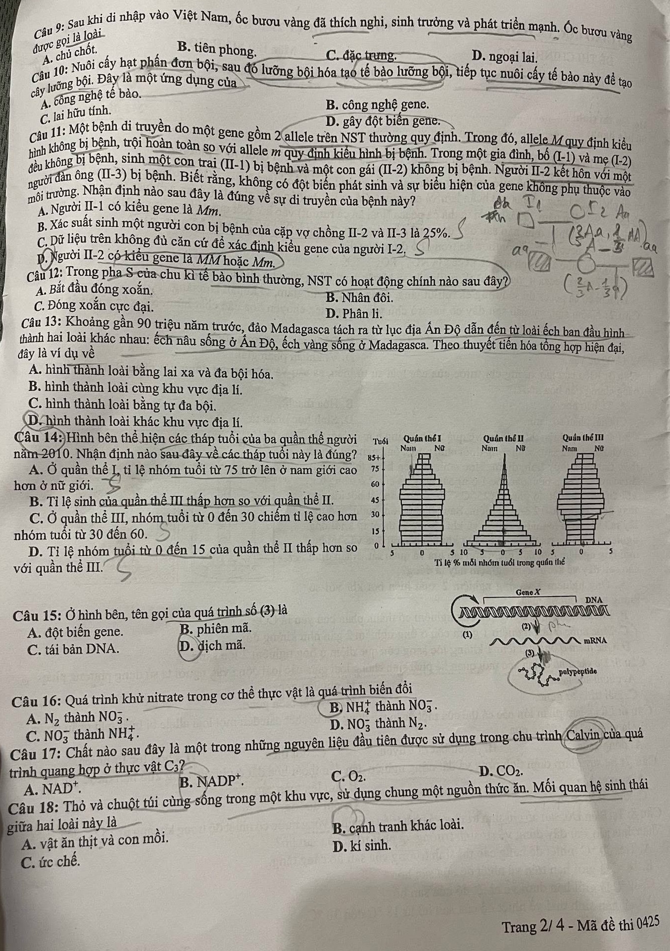 Đề thi môn Sinh học - mã đề 0425.