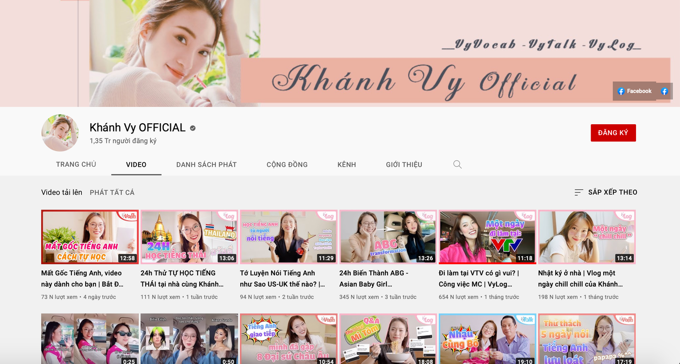 Kênh YouTube của Khánh Vy hiện có hơn 1,35 triệu lượt người theo dõi. Kênh YouTube của Khánh Vy hiện có hơn 1,35 triệu lượt người theo dõi.