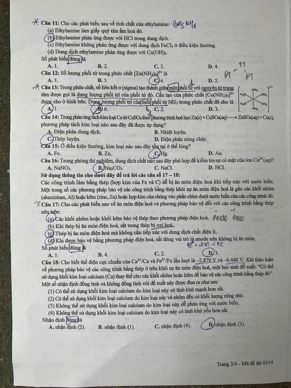 Đề thi môn Hóa học - mã đề 0314.