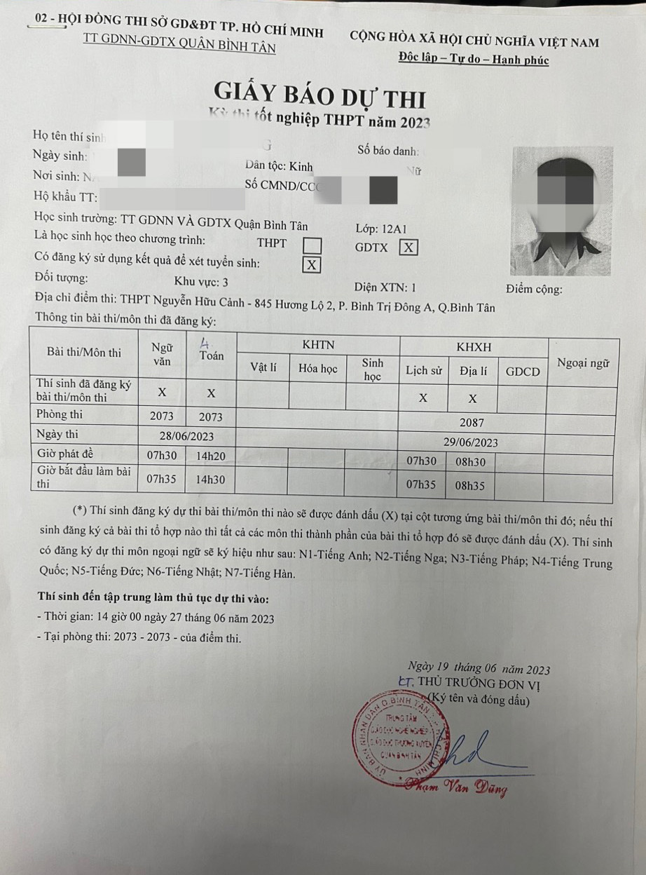 Giấy báo dự thi đã được in nhưng không đưa cho học viên H.C.G vì không đủ điều kiện dự thi. Giấy báo dự thi đã được in nhưng không đưa cho học viên H.C.G vì không đủ điều kiện dự thi.