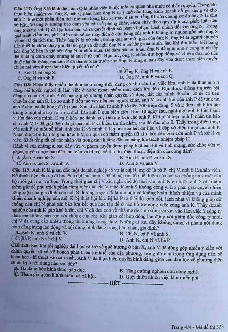 Đề thi môn Giáo dục công dân mã đề 323 kỳ thi tốt nghiệp THPT Quốc gia năm 2024. Đề thi môn Giáo dục công dân mã đề 323 kỳ thi tốt nghiệp THPT Quốc gia năm 2024.