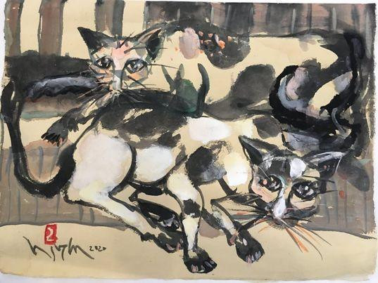 Một tác phẩm giấy dó, bột màu, kích thước 50 cm x 60 cm, do họa sỹ Đoàn Văn Nguyên gửi tặng chương trình.