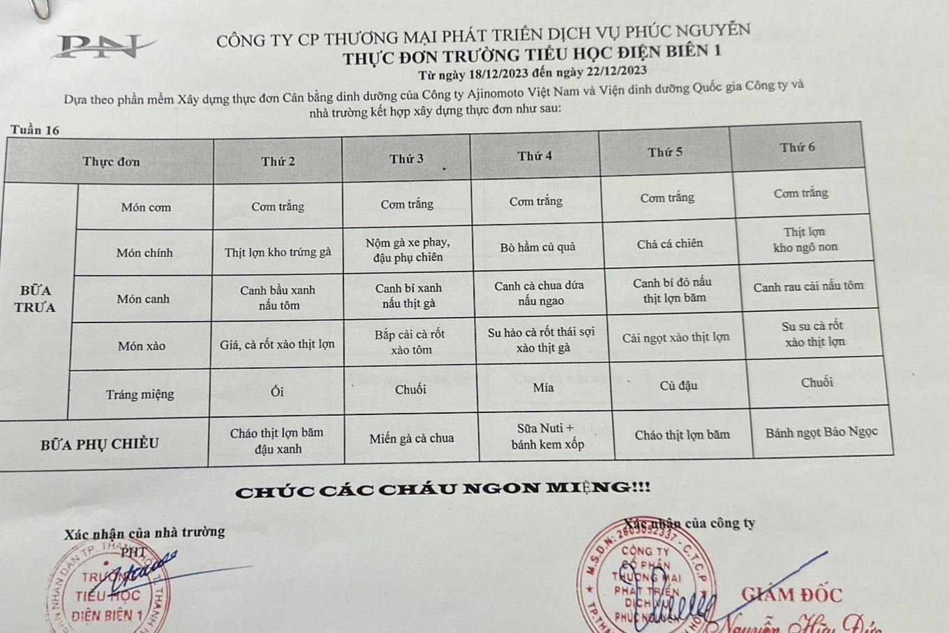 Thực đơn các bữa ăn trong tuần. (Ảnh: Hoàng Dương) Thực đơn các bữa ăn trong tuần. (Ảnh: Hoàng Dương)