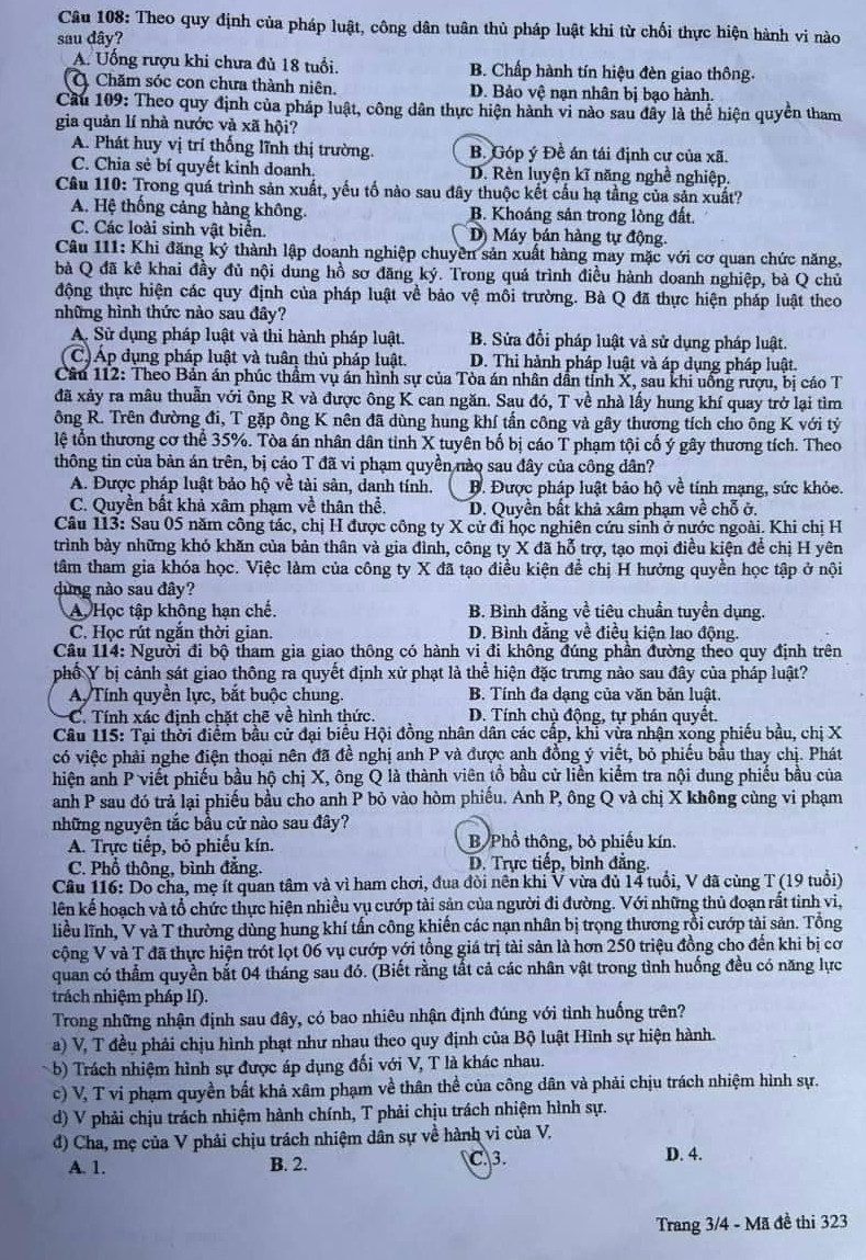 Đề thi môn Giáo dục công dân mã đề 323 kỳ thi tốt nghiệp THPT Quốc gia năm 2024. Đề thi môn Giáo dục công dân mã đề 323 kỳ thi tốt nghiệp THPT Quốc gia năm 2024.