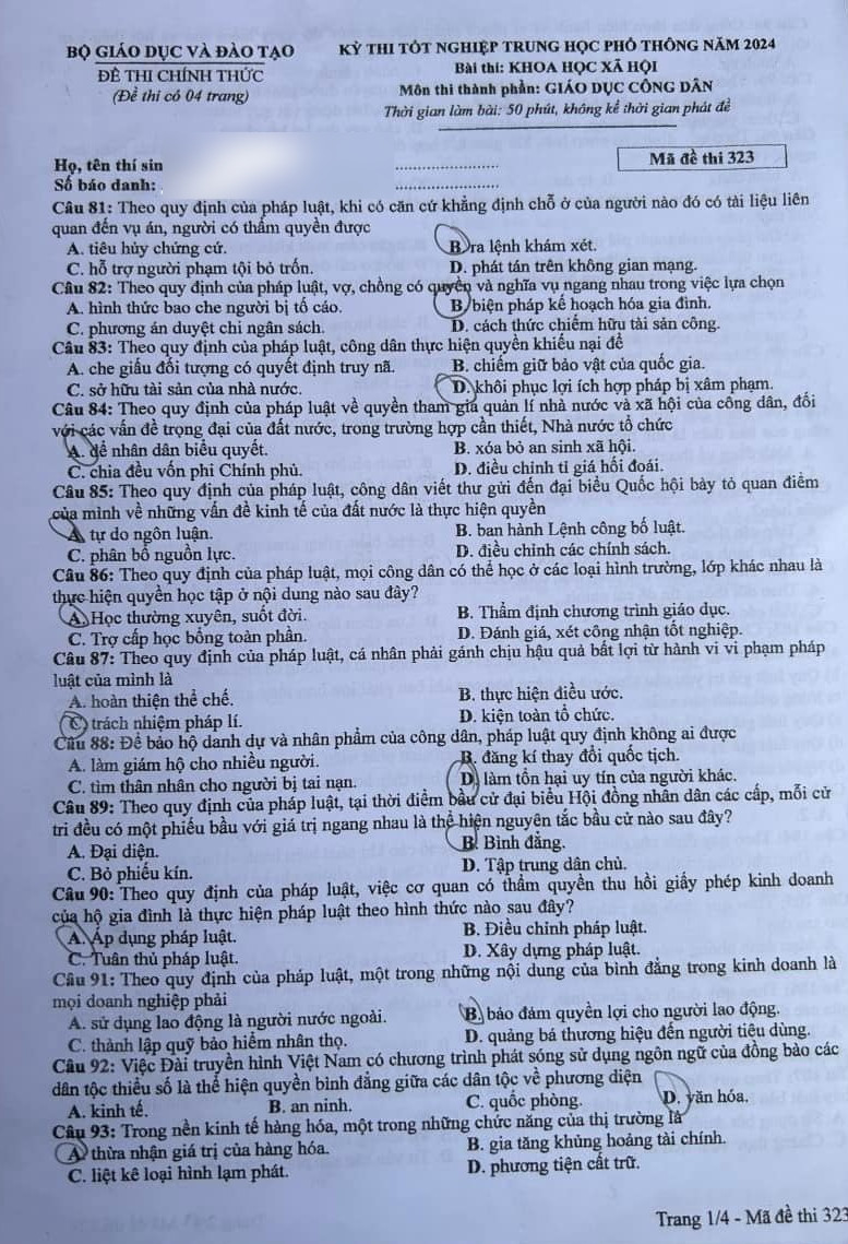 Đề thi môn Giáo dục công dân mã đề 323 kỳ thi tốt nghiệp THPT Quốc gia năm 2024. Đề thi môn Giáo dục công dân mã đề 323 kỳ thi tốt nghiệp THPT Quốc gia năm 2024.