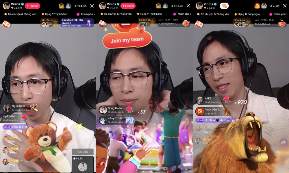 ViruSs liên tục nhận được quà tặng trong phiên live, doanh thu đáng kể. ViruSs liên tục nhận được quà tặng trong phiên live, doanh thu đáng kể.