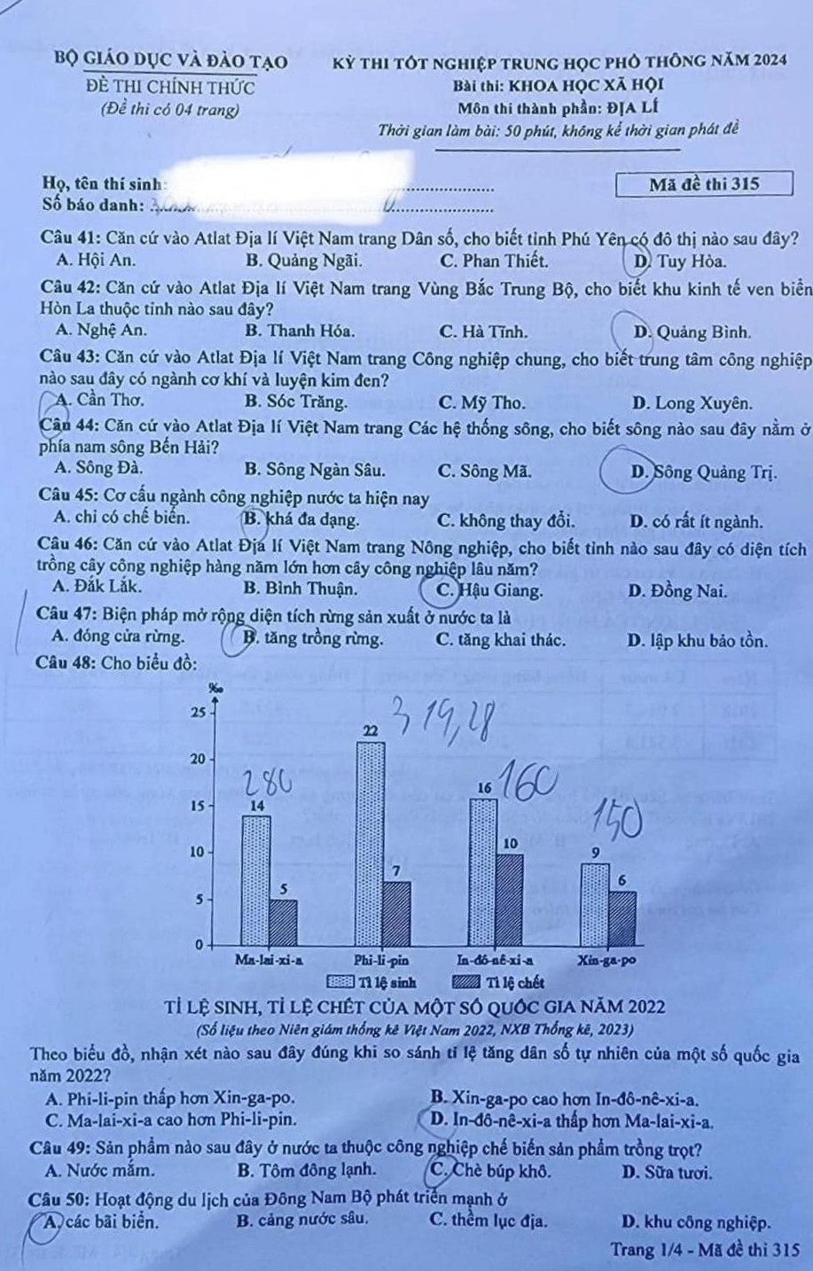 Đề thi tốt nghiệp THPT Quốc gia 2024 môn Địa lí mã đề 315. Đề thi tốt nghiệp THPT Quốc gia 2024 môn Địa lí mã đề 315.