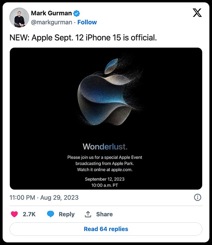 Chuyên gia phân tích Mark Gurman cũng chia sẻ về sự kiện Apple sắp tới trên Twitter. (Ảnh: Twitter) Chuyên gia phân tích Mark Gurman cũng chia sẻ về sự kiện Apple sắp tới trên Twitter. (Ảnh: Twitter)