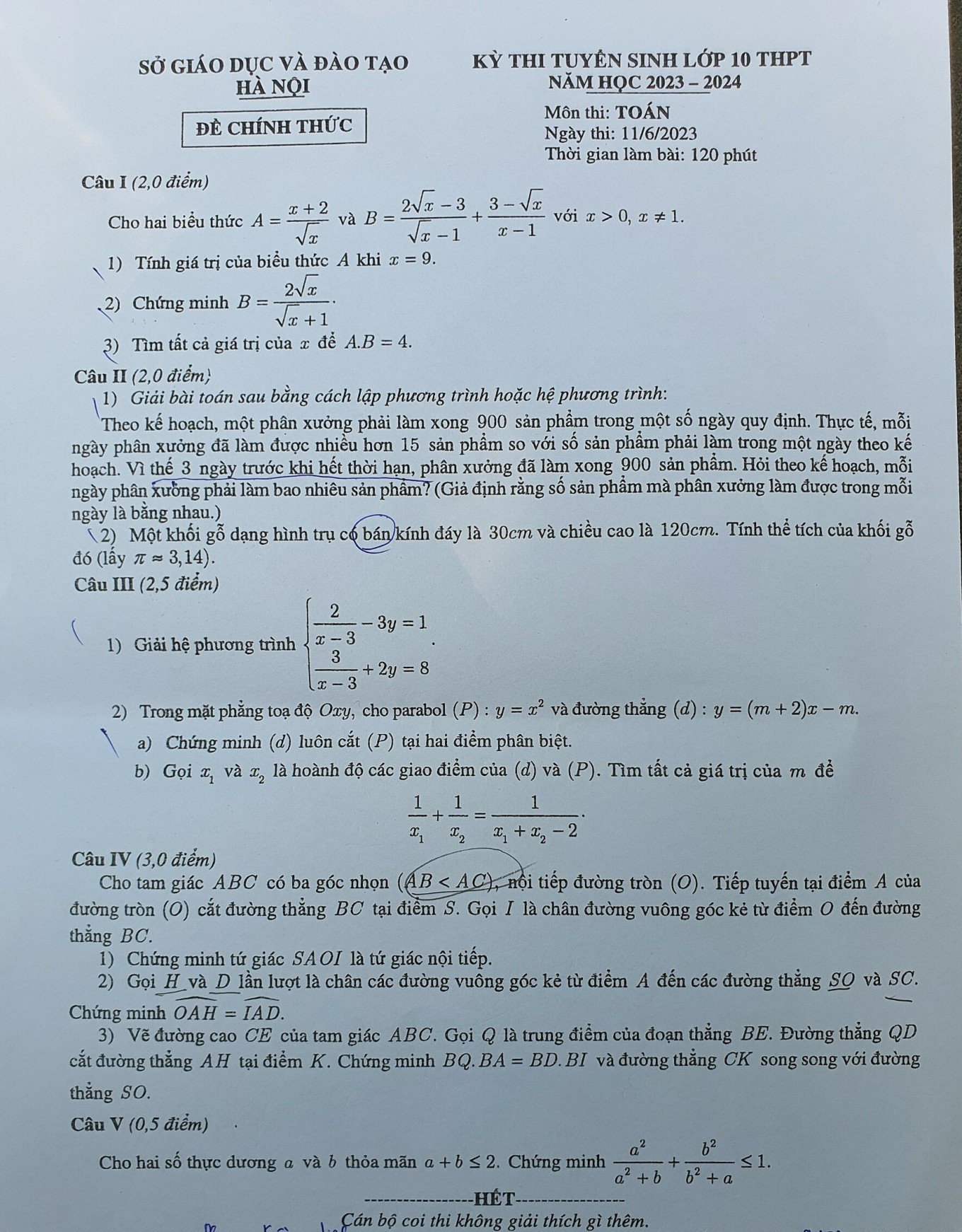Đề thi môn Toán vào lớp 10 tại Hà Nội năm 2023. Đề thi môn Toán vào lớp 10 tại Hà Nội năm 2023.