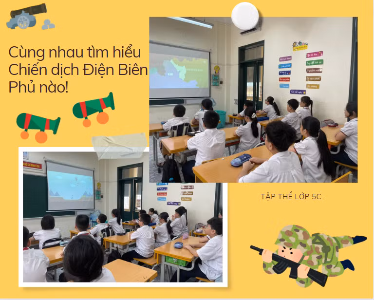 Tập thể lớp 5C hào hứng tìm hiểu về Chiến thắng Điện Biên Phủ.
