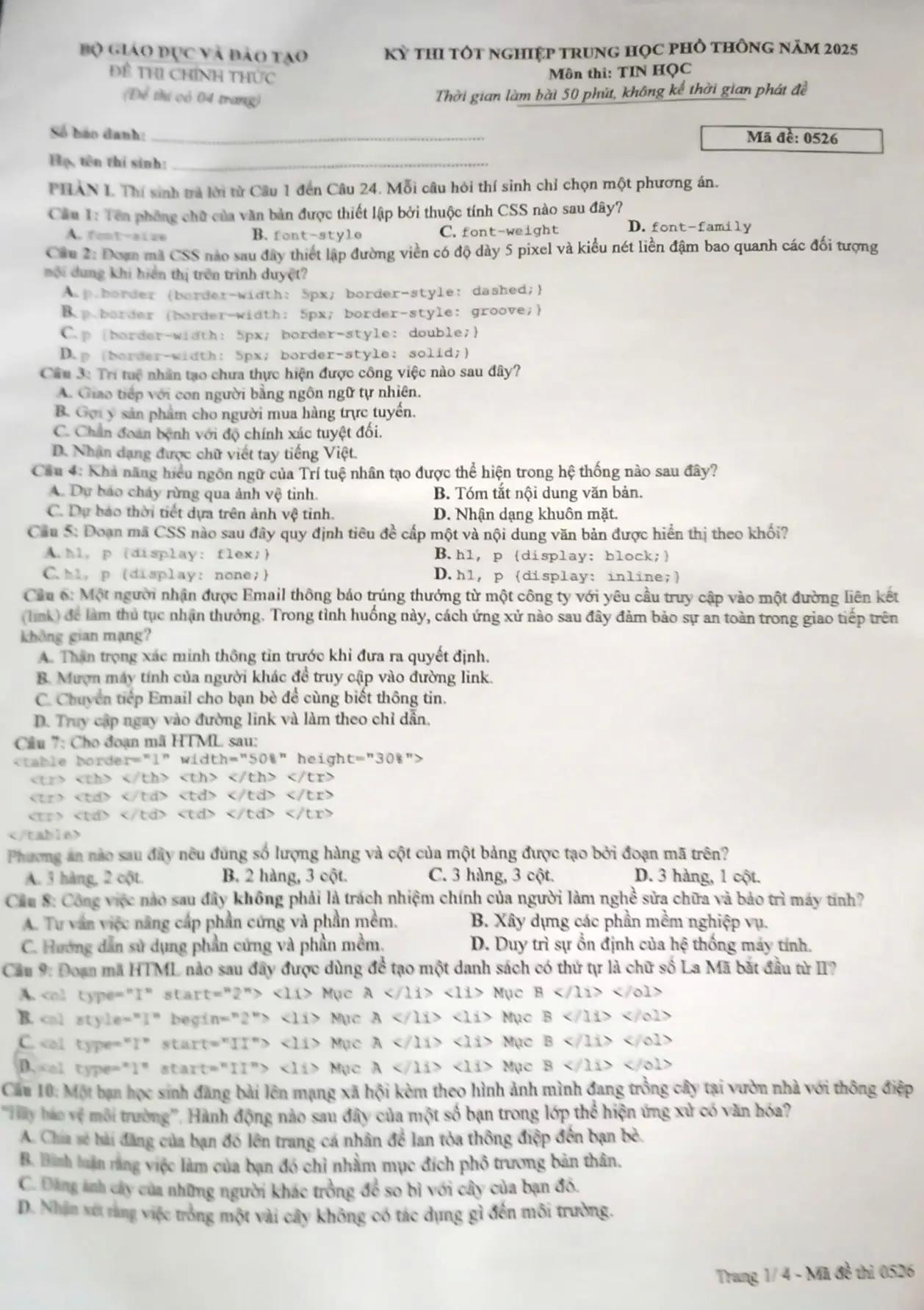 Đề thi tốt nghiệp môn Tin học - mã đề 0526.