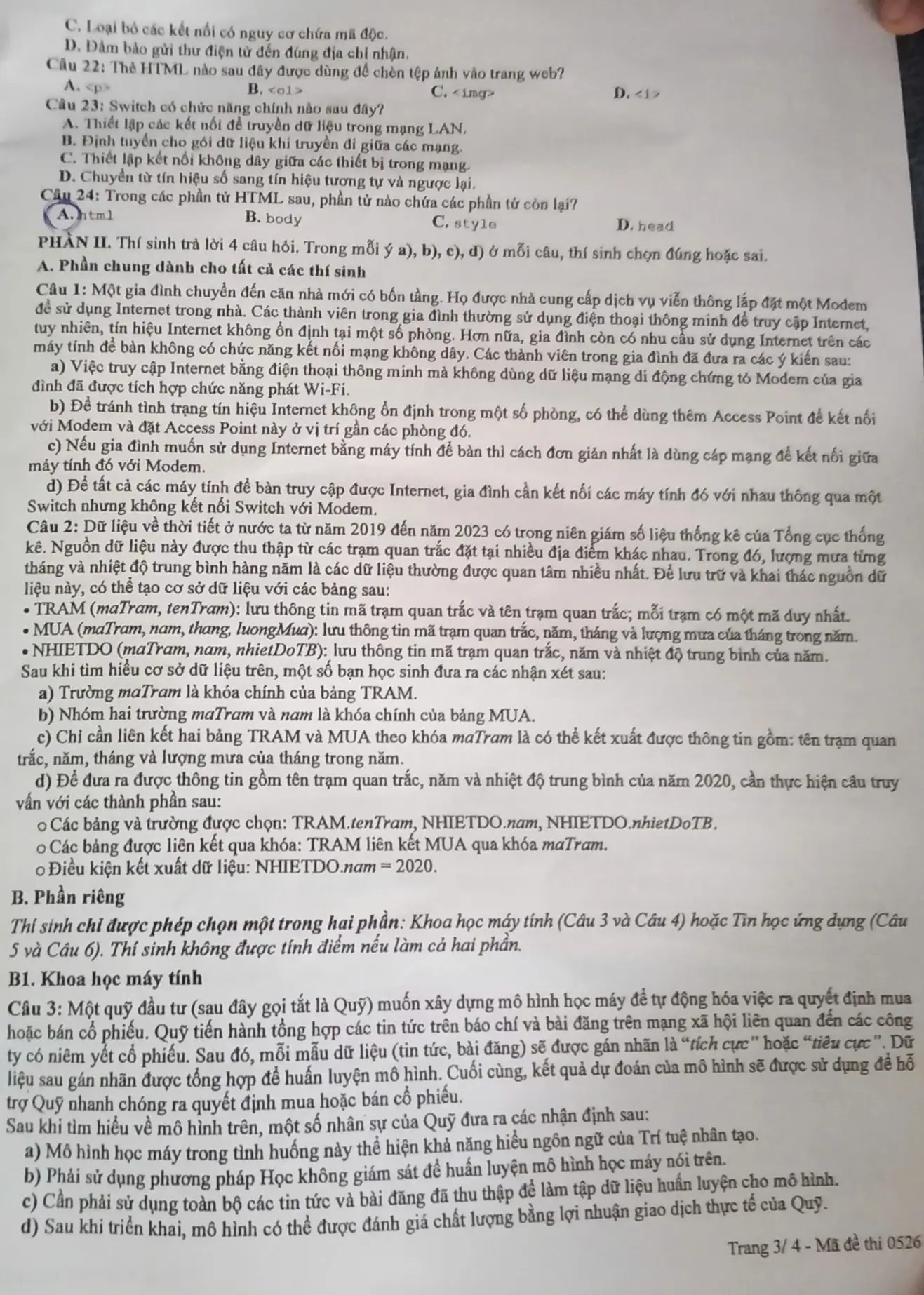 Đề thi tốt nghiệp môn Tin học - mã đề 0526.
