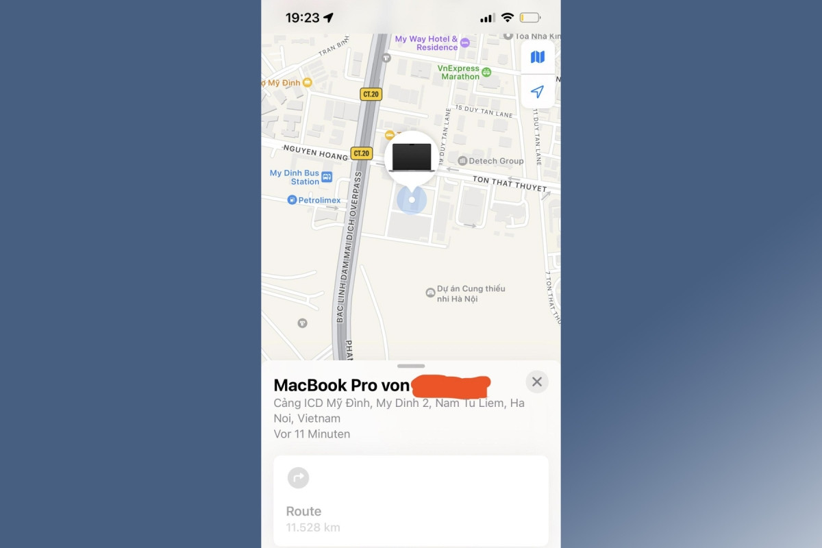 Hình ảnh Find My cho thấy MacBook Pro đang ở Hà Nội.