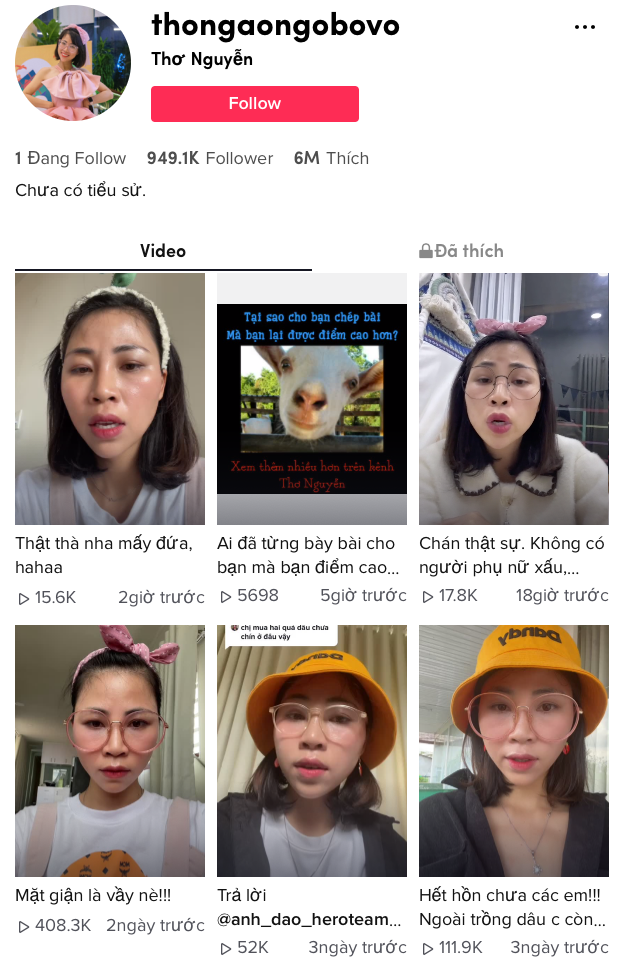 Gần đây, Thơ Nguyễn hoạt động vô cùng thích cực trên nền tảng mạng xã hội TikTok. Gần đây, Thơ Nguyễn hoạt động vô cùng thích cực trên nền tảng mạng xã hội TikTok.