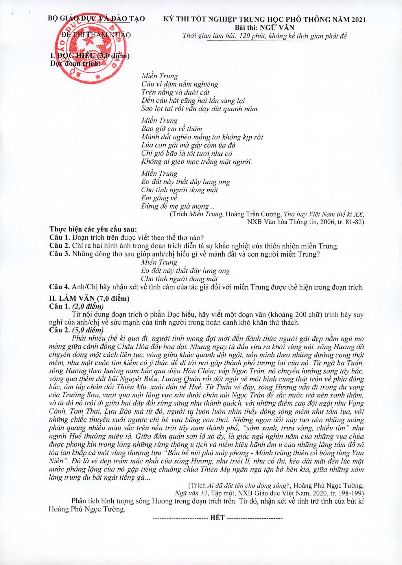 Đề thi tham khảo môn Ngữ văn kỳ thi tốt nghiệp THPT 2021. Đề thi tham khảo môn Ngữ văn kỳ thi tốt nghiệp THPT 2021.