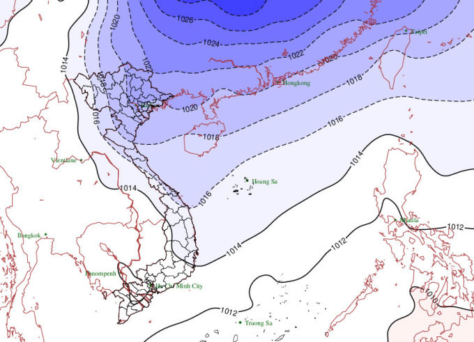 Dự báo khu vực ảnh hưởng của không khí lạnh. (Ảnh: NCHMF)