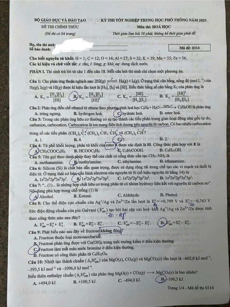 Đề thi môn Hóa học - mã đề 0314.