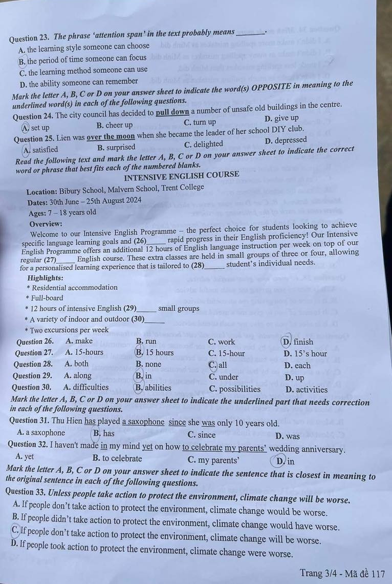 Đề thi tiếng Anh mã đề 117.