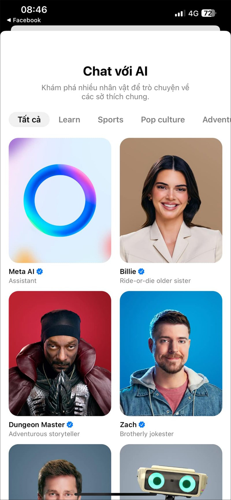Người dùng có thể chọn nhiều chủ đề cùng các AI khác nhau để trò chuyện. (Ảnh: J2Team) Người dùng có thể chọn nhiều chủ đề cùng các AI khác nhau để trò chuyện. (Ảnh: J2Team)
