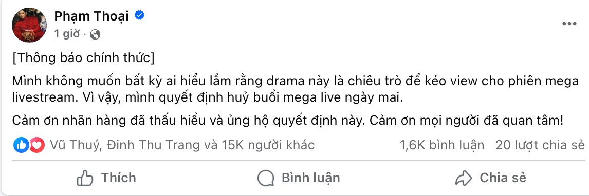 Bài đăng mới nhất của Phạm Thoại trên trang cá nhân.
