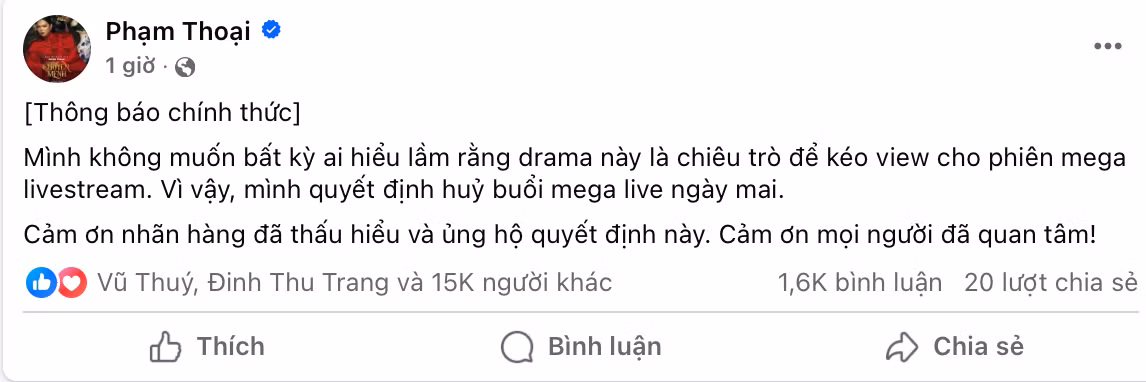 Bài đăng mới nhất của Phạm Thoại trên trang cá nhân.