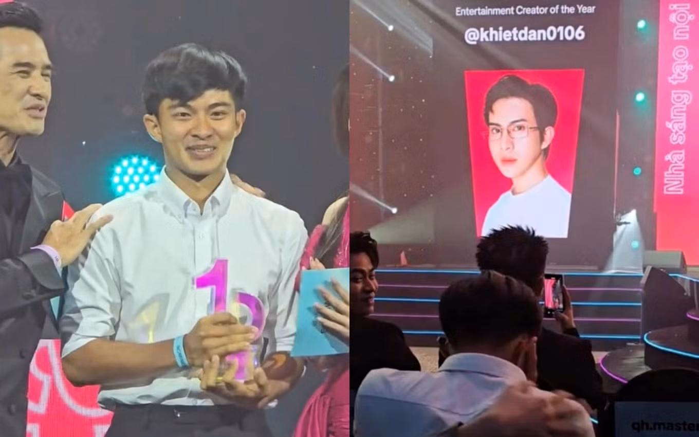 Lê Tuấn Khang lên nhận giải nhưng màn hình lại hiển thị ảnh Khiết Đan. Lê Tuấn Khang lên nhận giải nhưng màn hình lại hiển thị ảnh Khiết Đan.