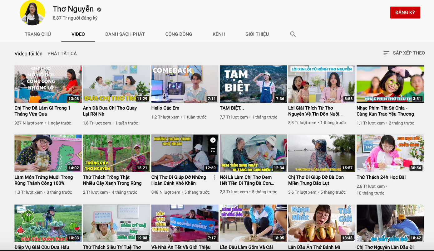 Kênh YouTube Thơ Nguyễn đã mở lại một số video trước đó. Kênh YouTube Thơ Nguyễn đã mở lại một số video trước đó.