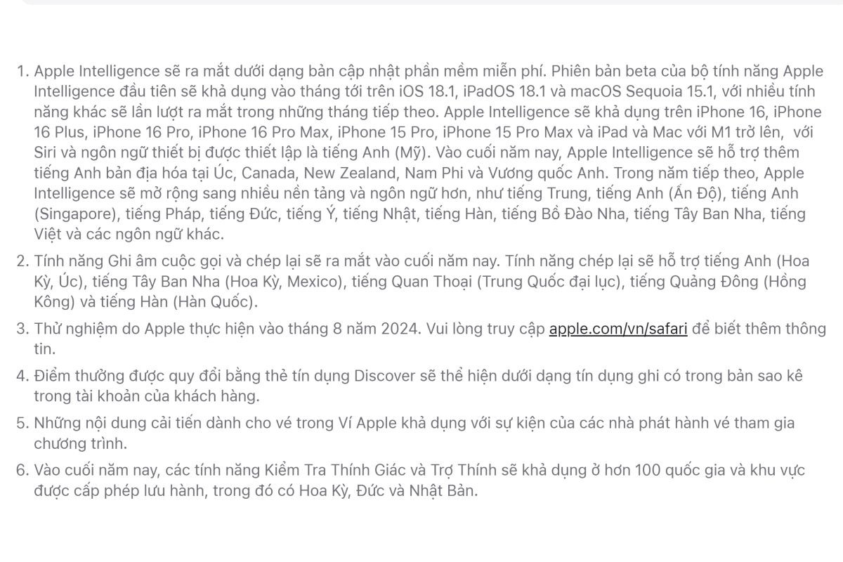 Apple Intelligence sẽ hỗ trợ tiếng Việt từ năm 2025. (Ảnh: Apple)