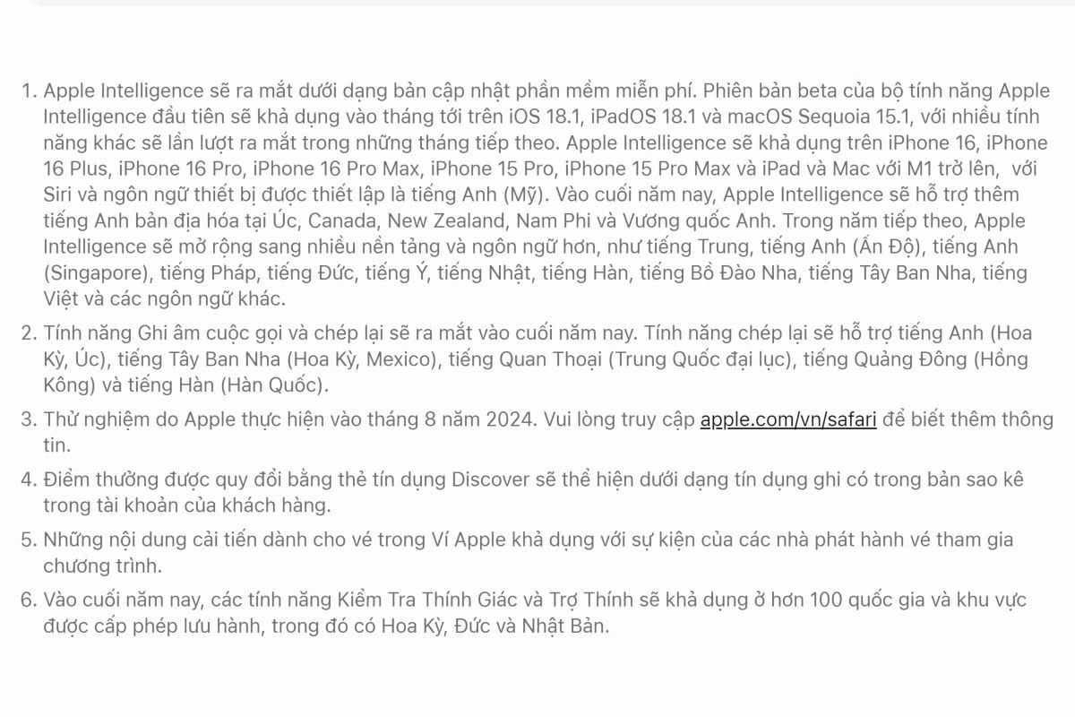 Apple Intelligence sẽ hỗ trợ tiếng Việt từ năm 2025. (Ảnh: Apple)