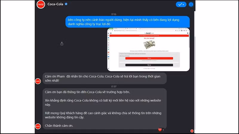 Coca-Cola lên tiếng phủ nhận liên quan trang đến trang web giả danh này.