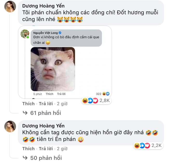 Dương Hoàng Yến cũng hào hứng để lại bình luận dưới bài đăng của Hậu Hoàng. Dương Hoàng Yến cũng hào hứng để lại bình luận dưới bài đăng của Hậu Hoàng.