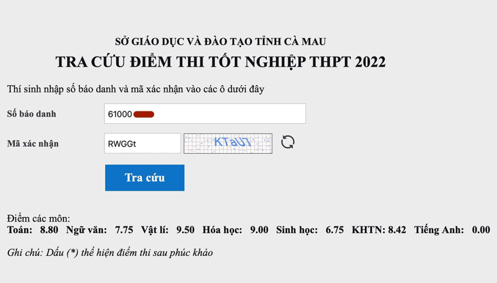 Kết quả các môn thi tốt nghiệp THPT năm 2022 của nam sinh Cà Mau. Kết quả các môn thi tốt nghiệp THPT năm 2022 của nam sinh Cà Mau.