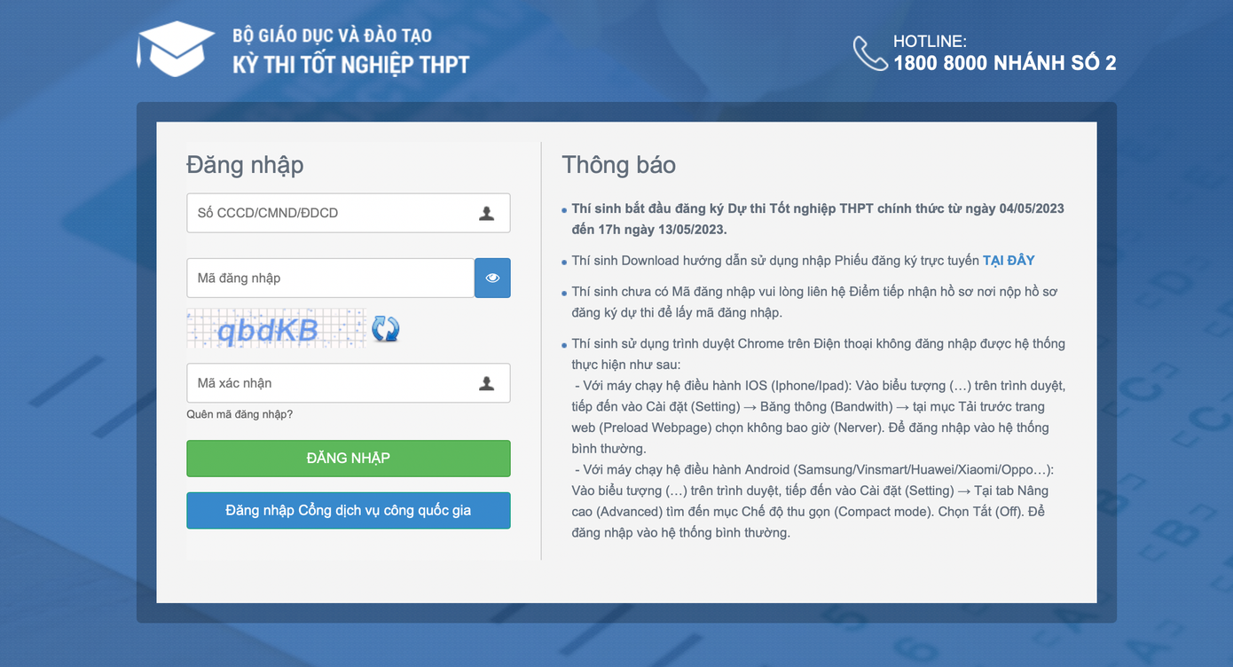 Thí sinh truy cập vào website http://thisinh.thitotnghiepthpt.edu.vn/, đăng nhập tài khoản của mình để đăng ký thi Tốt nghiệp THPT 2023.