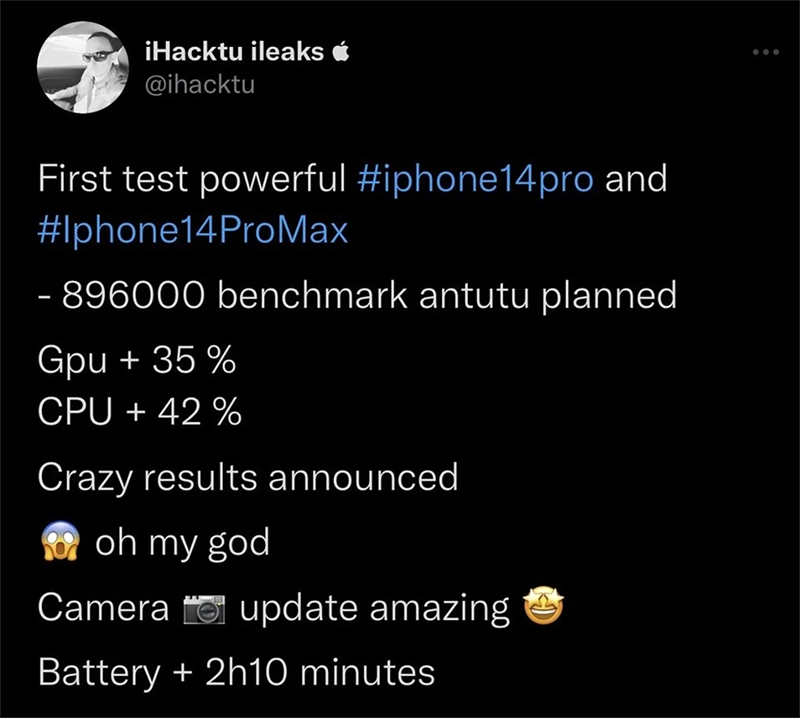 Tweet của @ihacktu về pin trên iPhone 14 Pro series. (Nguồn: Twitter) Tweet của @ihacktu về pin trên iPhone 14 Pro series. (Nguồn: Twitter)